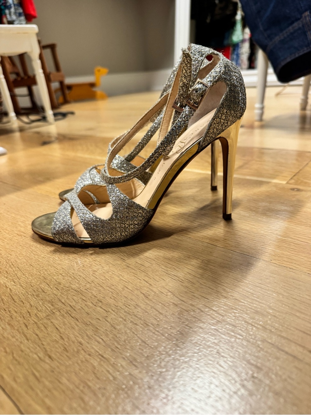 Ivanka Trump Gold Glitter Strappy Ankle-Buckle Heels